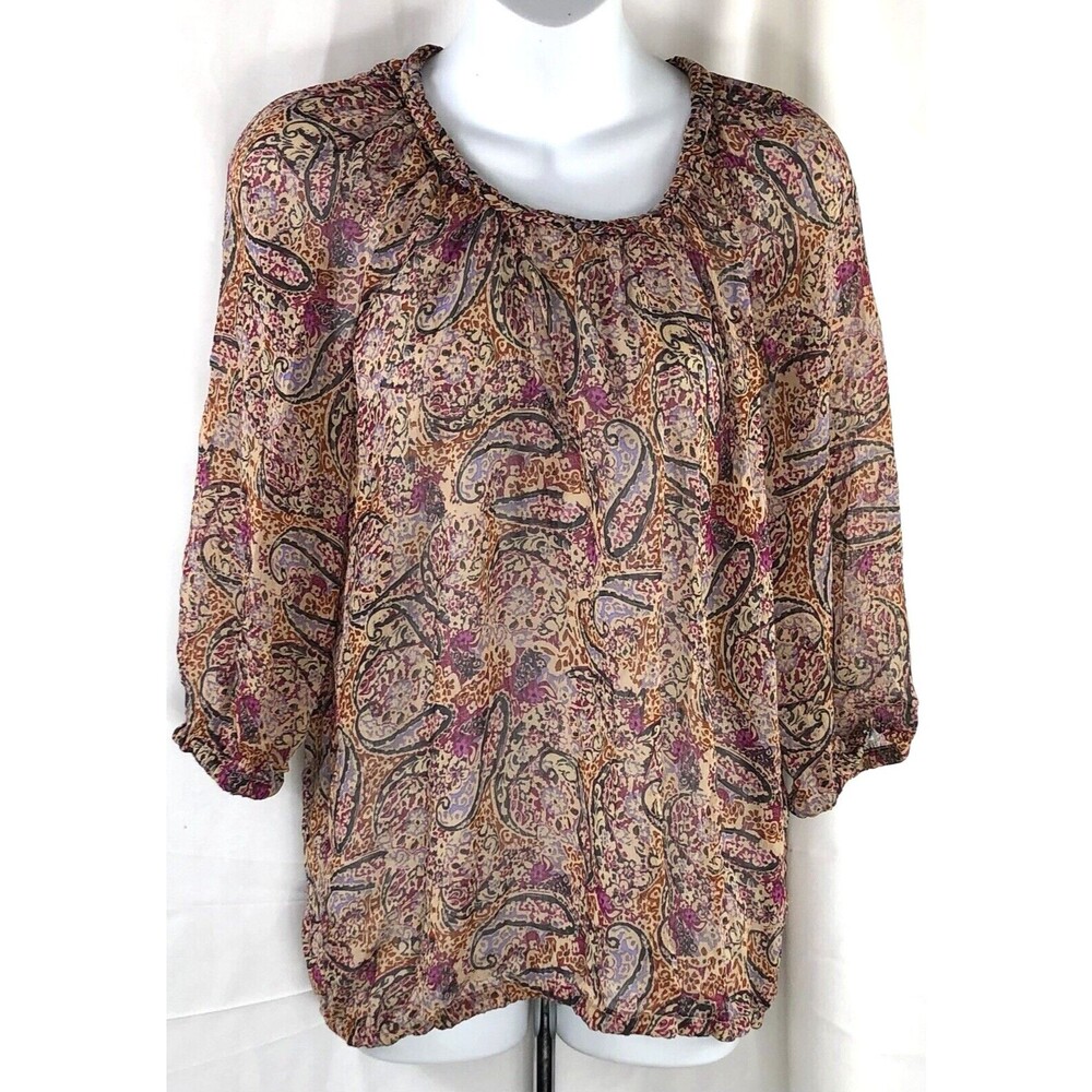 Faded Glory Chiffon Flowy Top S Tan Red Multi Paisley Peasant LongSleeve Boho